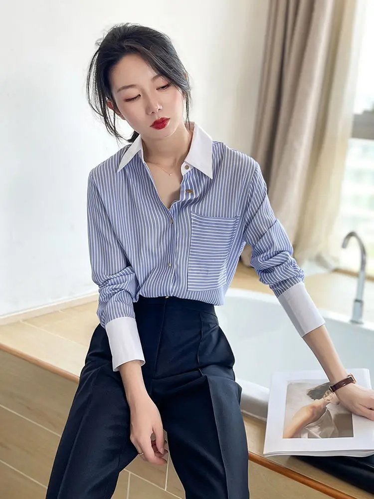 Blue White Vertical Striped Collar Shirt Korean Version Spring Autumn Style Niche Temperament Commuter Multi-button Cardigan