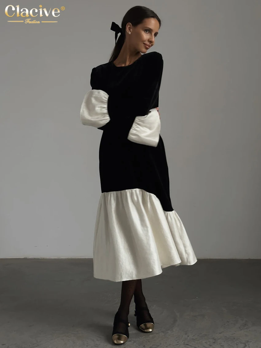 Clacive Fashion Loose Black Velvet Women'S Dress Elegant O-Neck Long Sleeve Ankle Length Dresses Casual Patchwrok Female Dress
