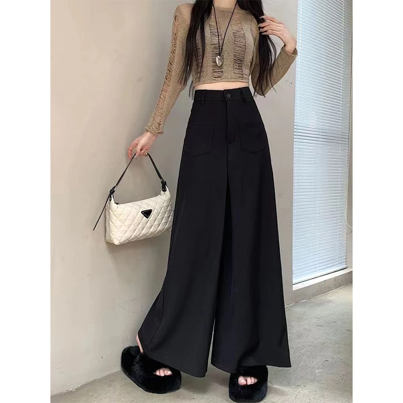 Spring Autumn Simplicity Office Lady Wide Leg Women Loose Appear Thin Solid Color Straight Fashion All-match Casual Suit Pants