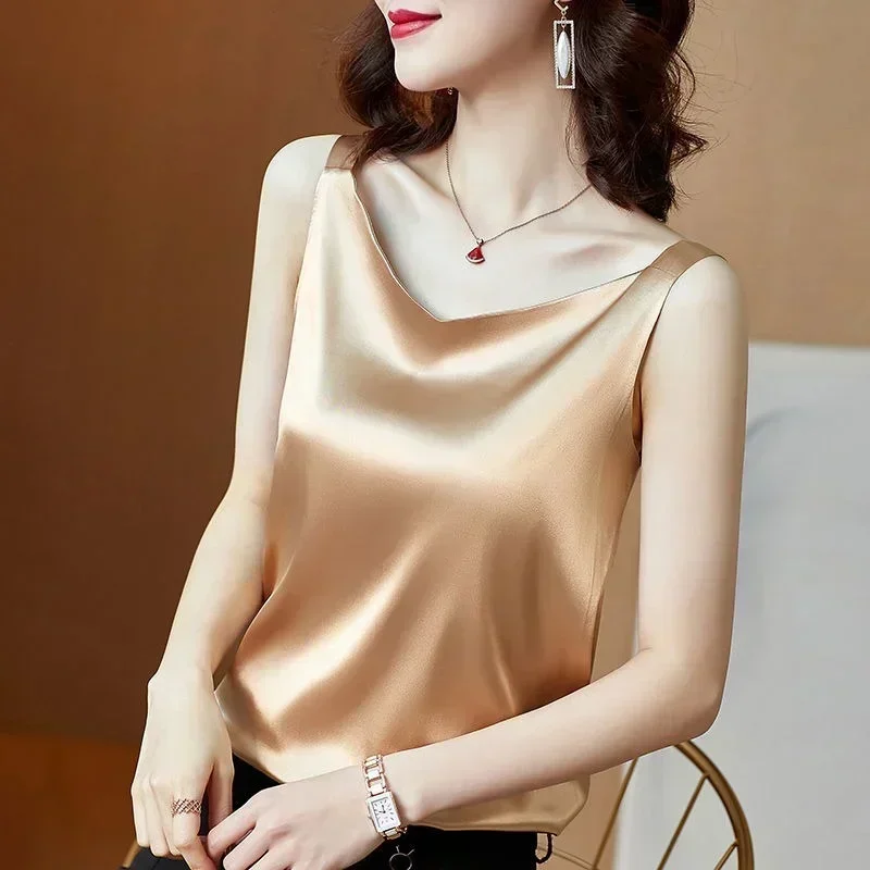 Summer Fashion Sexy Silk Tank Top Women Harajuku T Shirt Women Sleeveless Fashion T-shirt Woman Tee Tops Casual Female