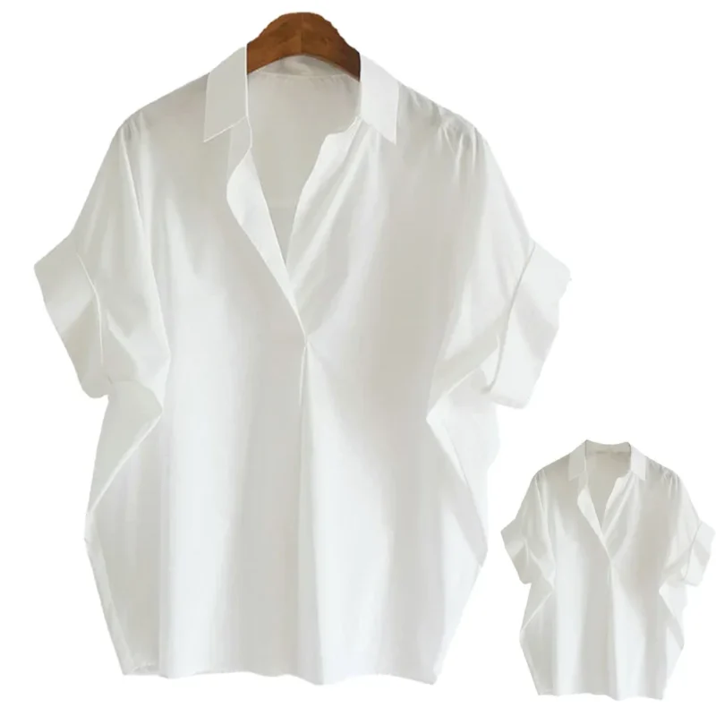 Women Vintage Hong Kong Style Blouses Spring Summer Short Batwing Short Sleeved Turn Town Collar Shirts Versatile Ladies Shirts
