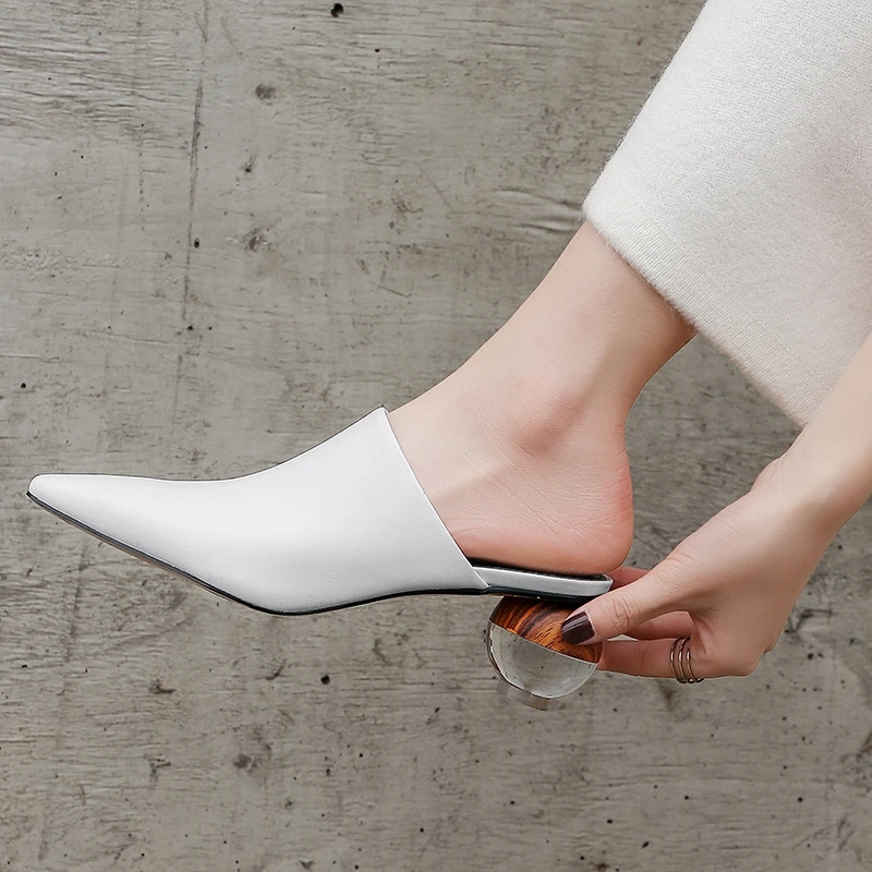 Women's New Spring/Summer Genuine Leather Cowhide Square Headed High Heels and Large Size Baotou Muller Slippers